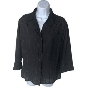 Joanna Blouse Womens Medium Black Button Up Polyester 3/4 Sleeve No Pocket Shirt